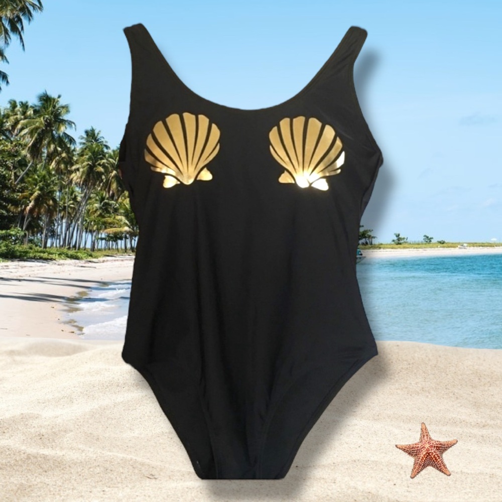 Arizona Mermaid Black One Piece Padded Swimsuit Metallic Shell Appliqué SM NWT